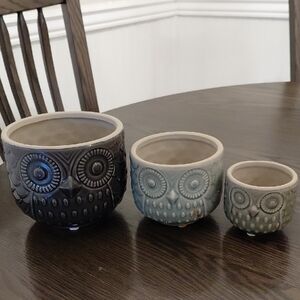 Owl Design Ceramic Planter Set - Black, Gray, Cream Creative Co-op Nesting